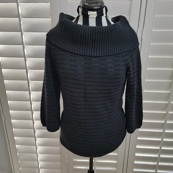 WHITE HOUSE BLACK MARKET BLACK STRIPED RIBBED KNIT COWL NECK SWEATER, SIZE S - Picture 2 of 11